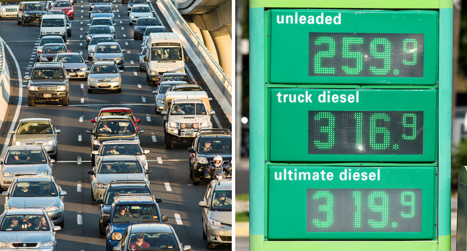 Left: Cars on a congested highway. Right: Petrol prices on a BP price board.