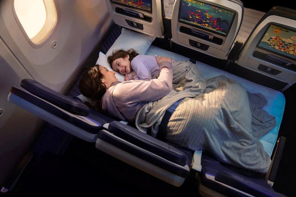 The United Relax Row converts three economy seats into a couch or bed.